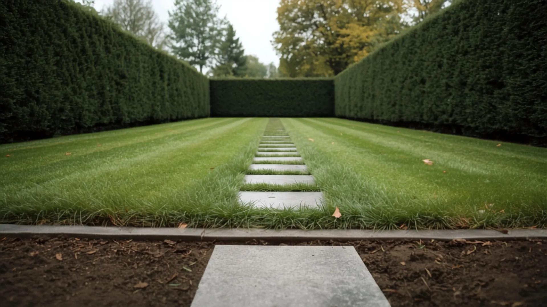 Derselbe Garten gepflegt: kurz gemähter Rasen mit klarer Kante, gerade geschnittene Hecke, freie Plattenfugen und aufgeräumte Beetkante